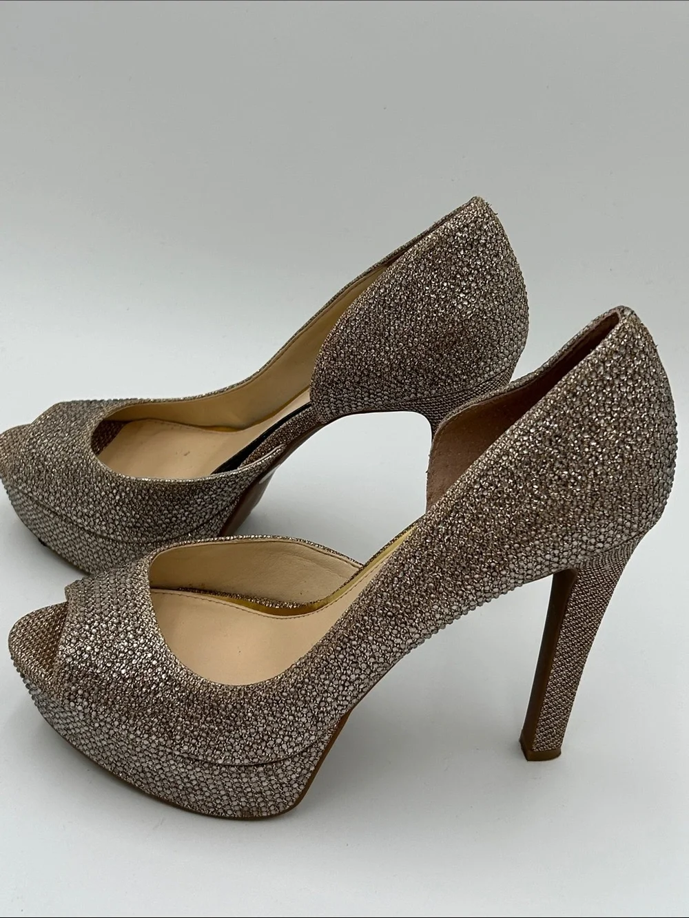 Jessica Simpson Champagne Rhinestone Glitter Peep-Toe Platform Heels Sz 8